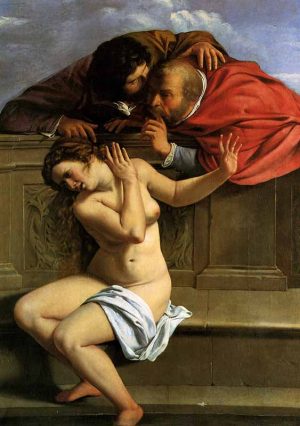 Une jeune femme assise sur un banc de pierre, nue avec seulement un drap posé sur une cuisse, tente de repousser deux hommes, penchés de l'autre côté du banc qui semble lui parler. Elle a l'air triste, harassée, épuisée.